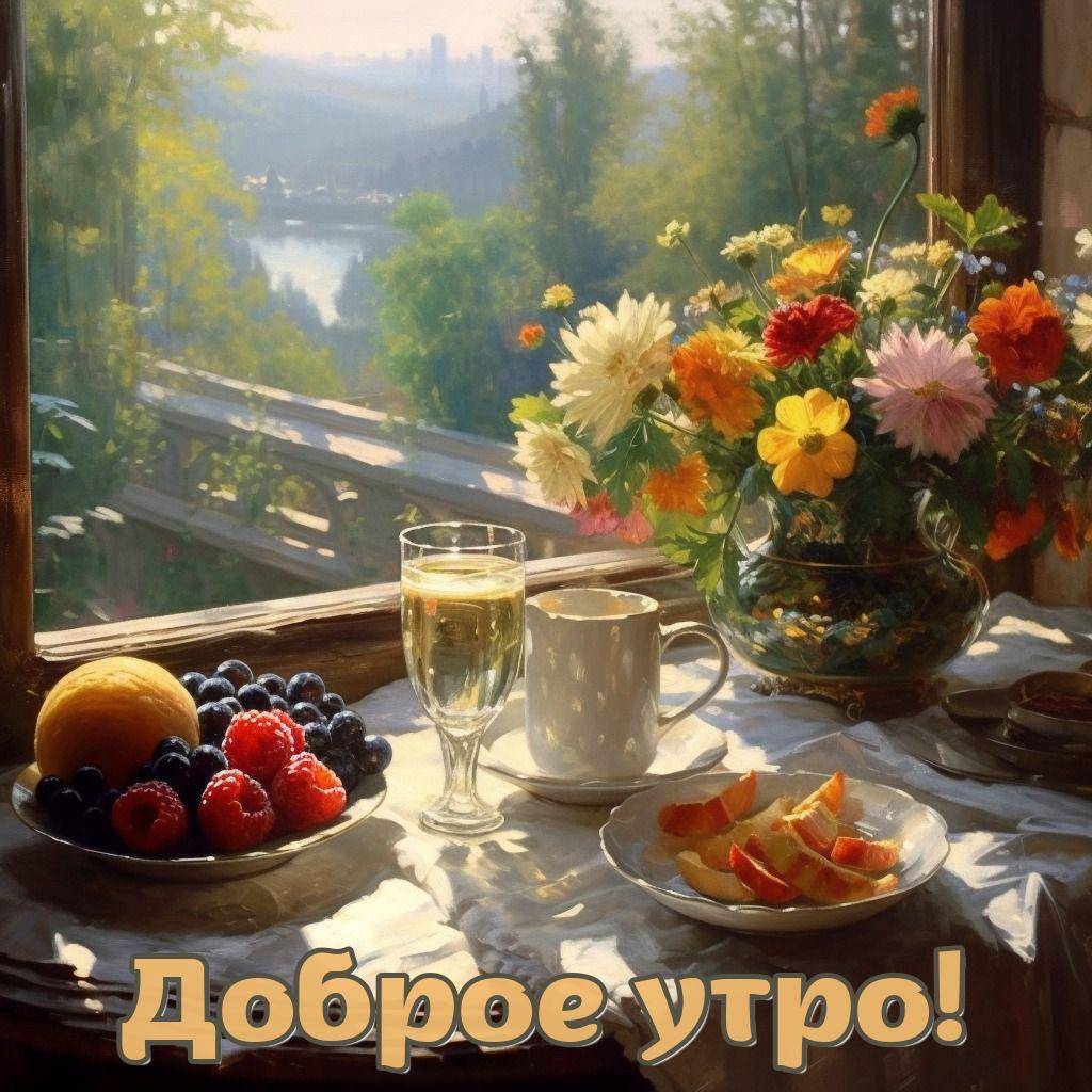 Букет цветов у окна, фрукты на столе, вид на природу