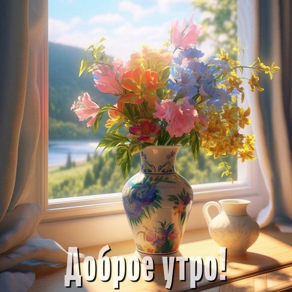 Букет цветов у окна, светлое утро, вид на реку