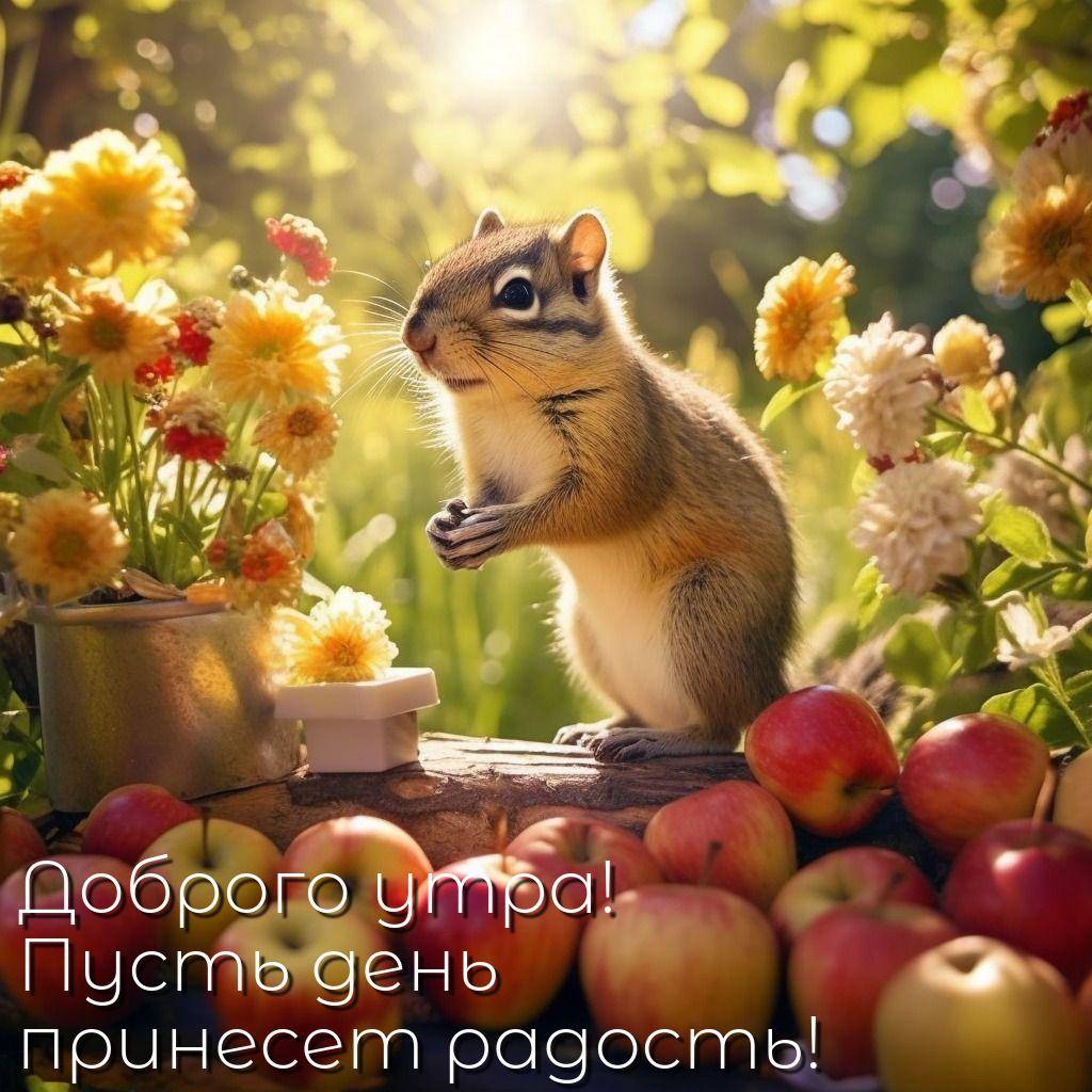 Бурундук среди яблок и цветов в солнечном свете
