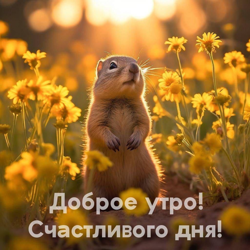 Бурундук среди жёлтых цветов на фоне рассвета