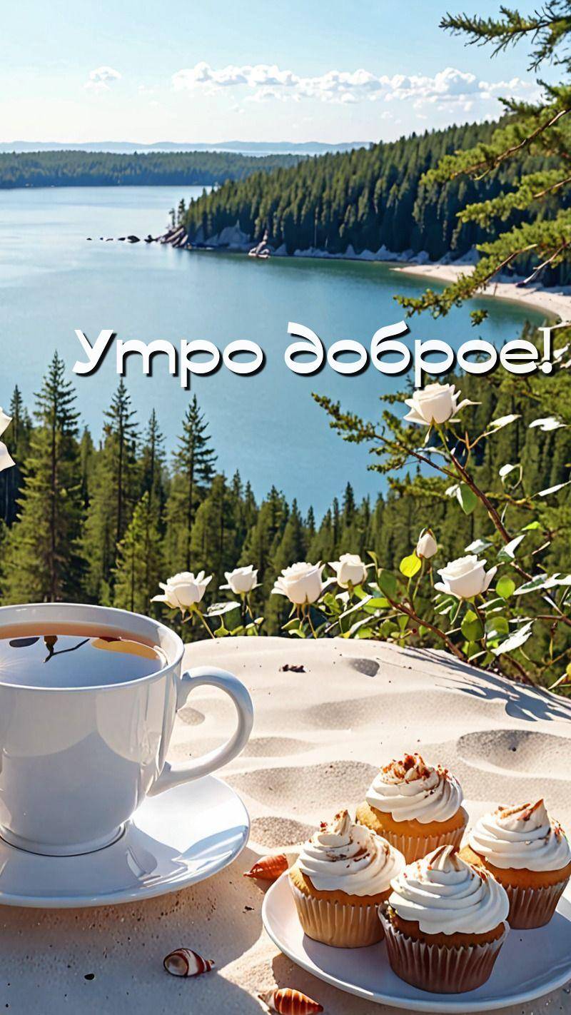 Чашка чая и кексы на фоне леса и озера