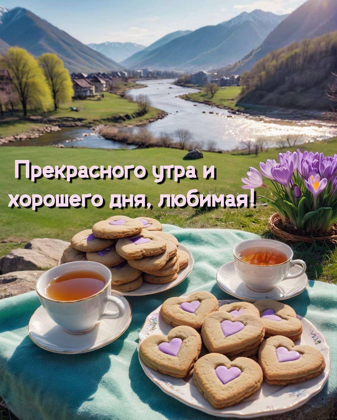 Чашка чая и печенье на фоне реки и гор