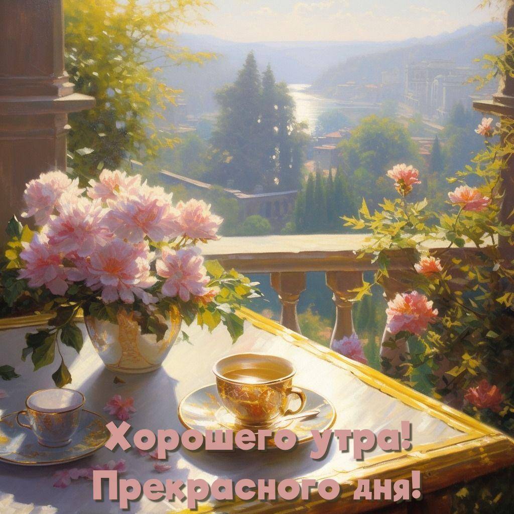 Чашка чая и пионы на фоне природы