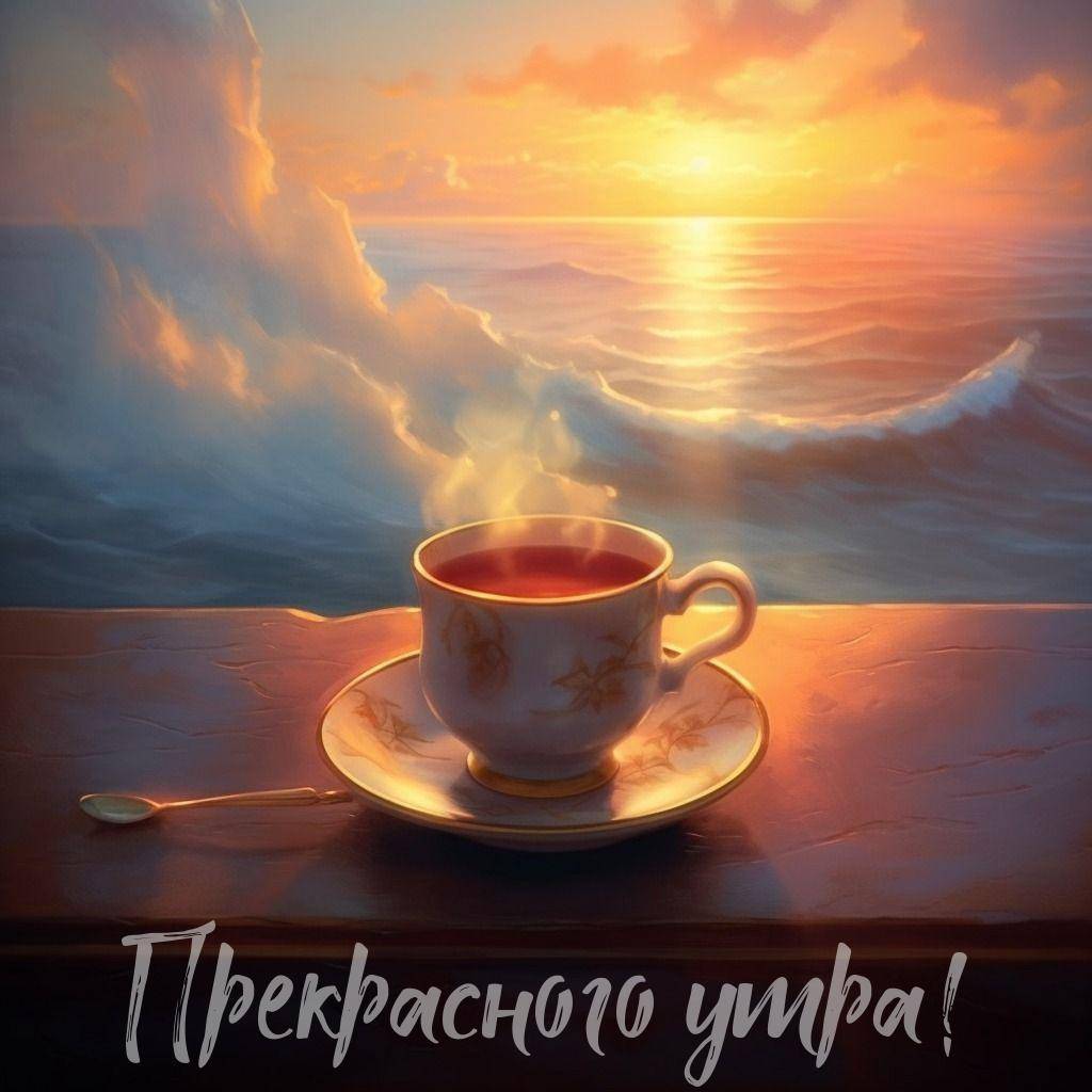 Чашка чая на фоне моря и светлого неба