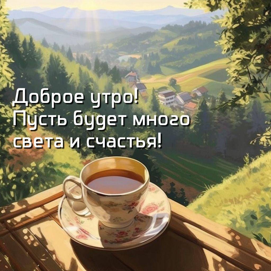 Чашка чая на фоне живописного пейзажа