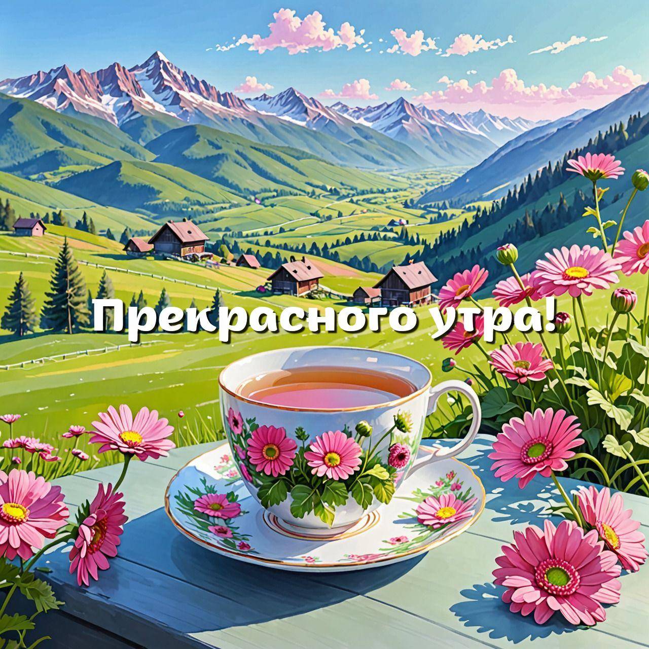 Чашка чая на переднем плане, горы и дома в дали