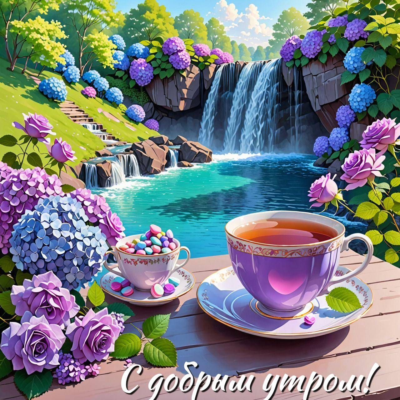 Чашка чая на переднем плане, водопад и цветы