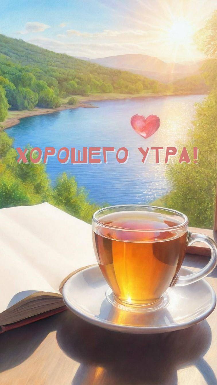 Чашка чая на подносе с видом на реку и зеленые холмы