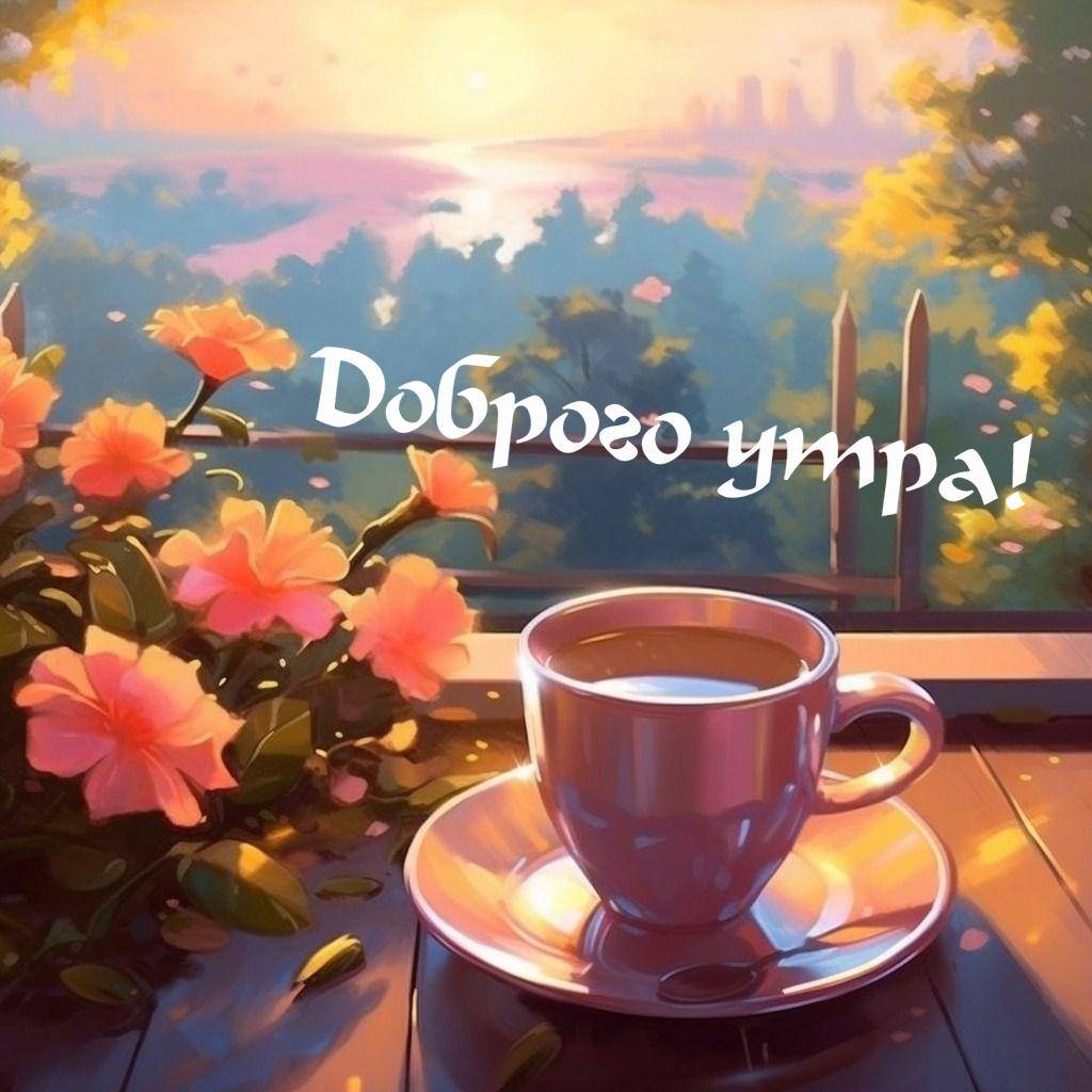 Чашка чая на подоконнике, цветы, розовый рассвет