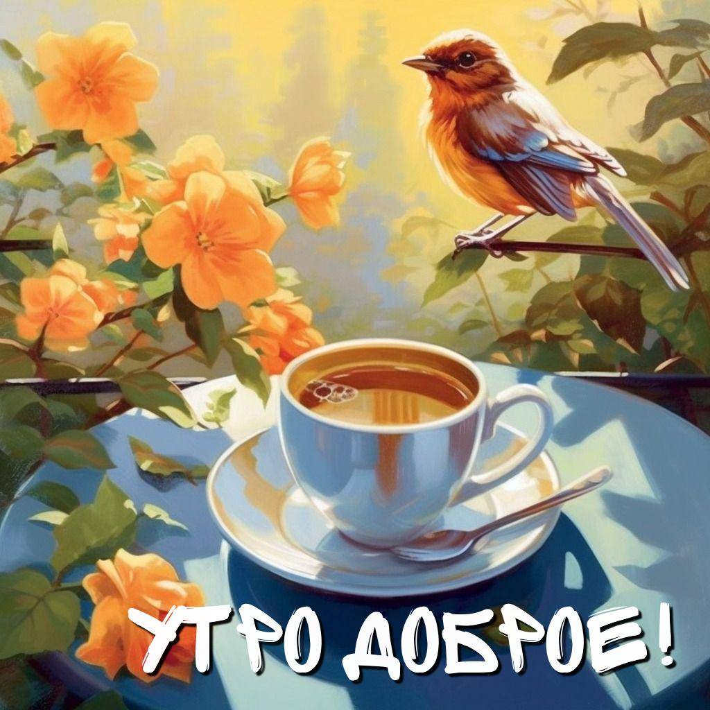 Чашка чая на столе, птица на ветке, оранжевые цветы