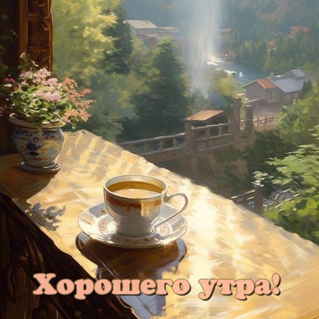Чашка чая на столе с видом на зеленый пейзаж
