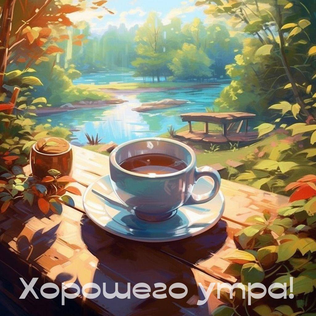 Чашка чая на столе утром в лесу