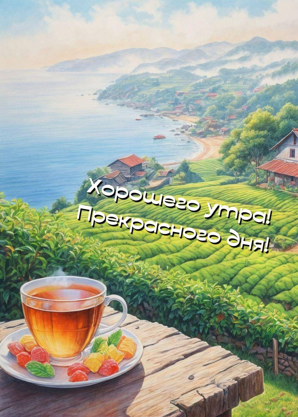 Чашка чая с конфетами на фоне чайной плантации