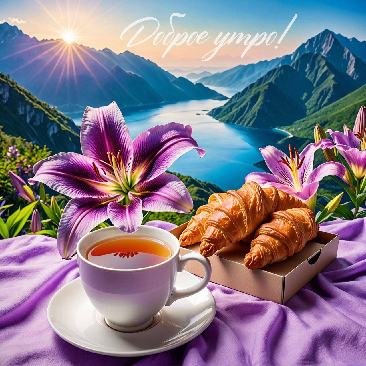 Чашка чая с круассанами и цветами на фоне гор