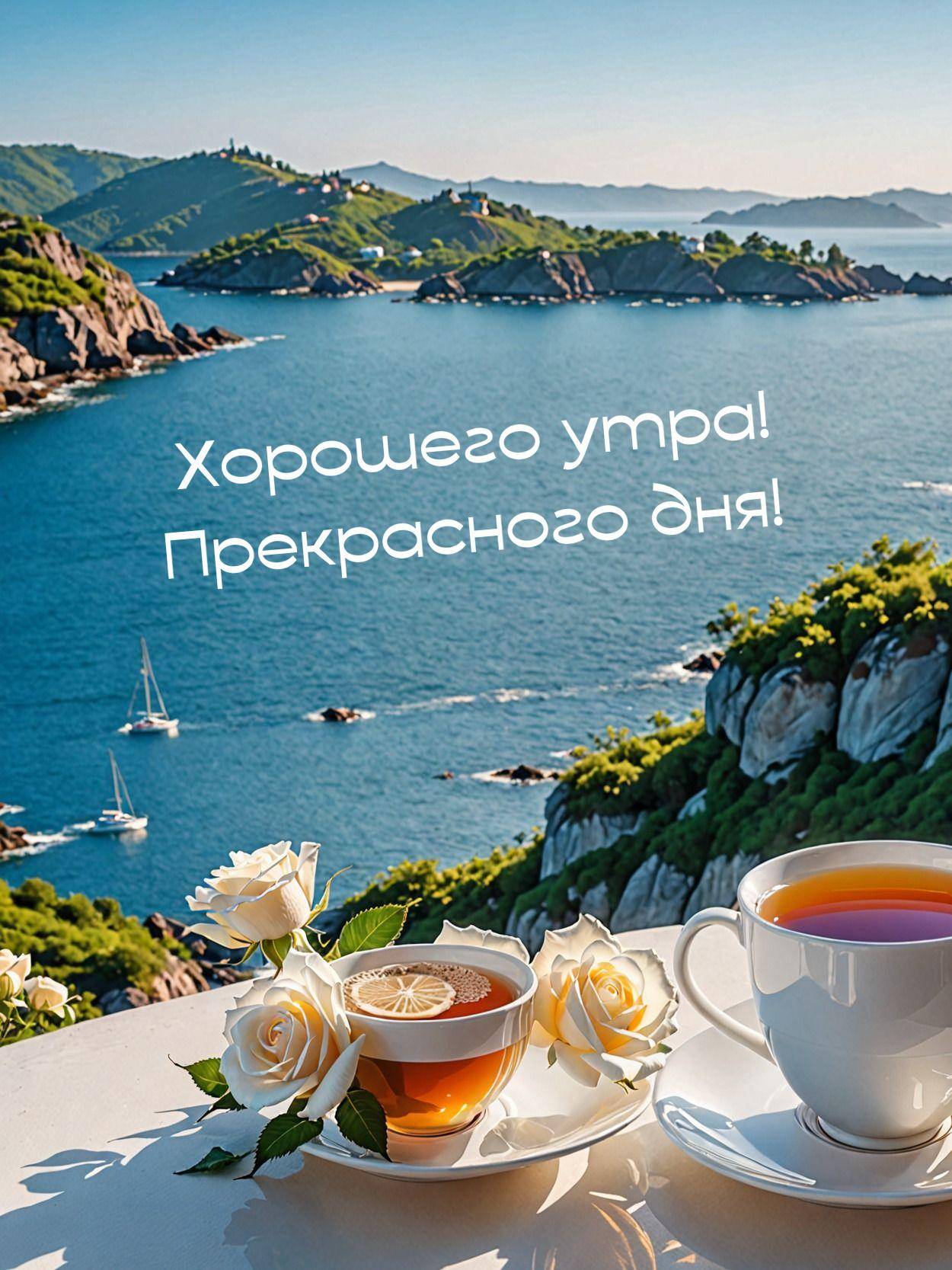 Чашка чая с лимоном и белые розы на фоне моря