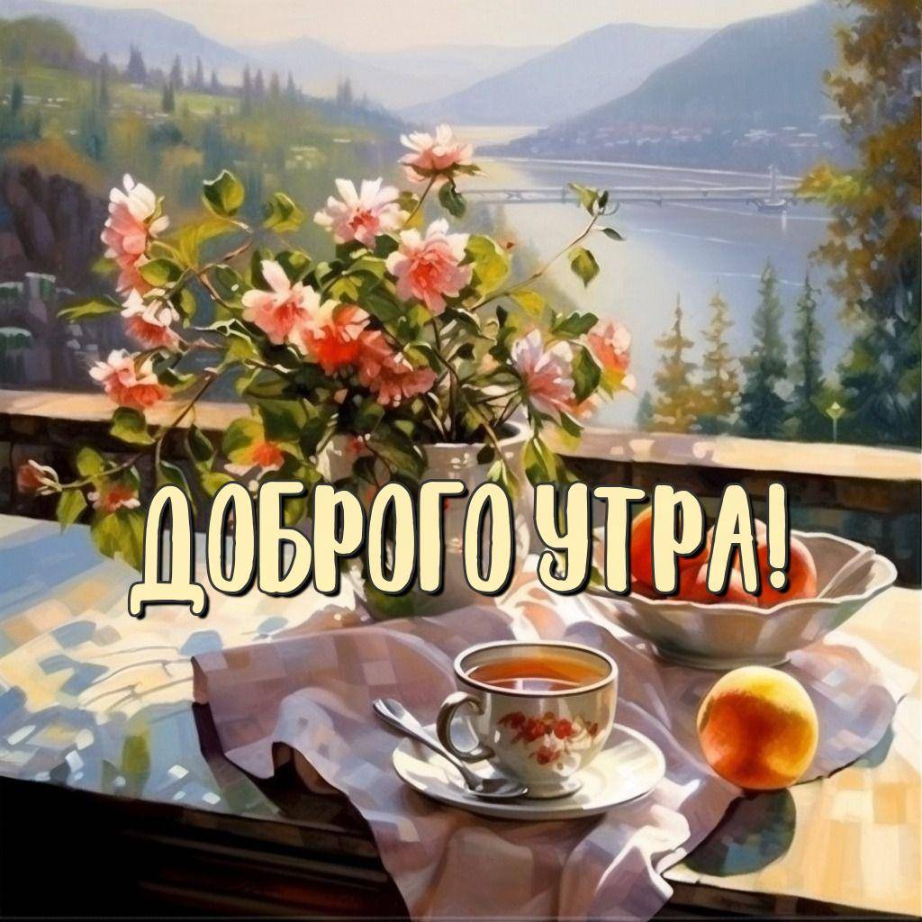 Чашка чая с персиками и розами на фоне пейзажа