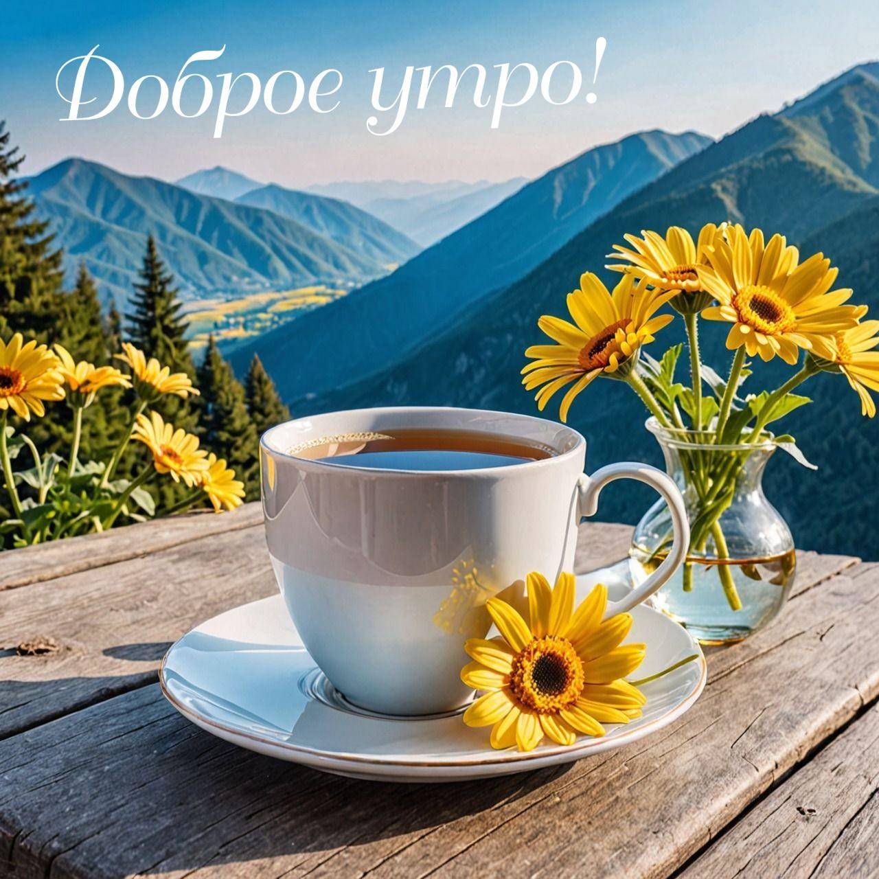 Чашка чая с ромашками на фоне гор