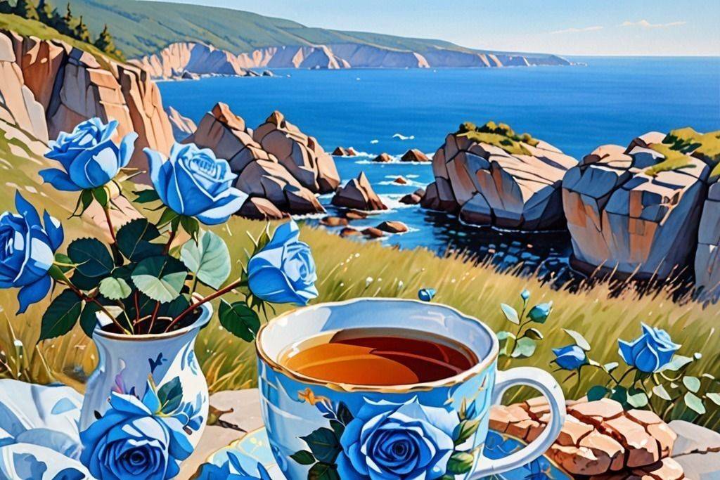 Чашка чая с розами на фоне морских скал