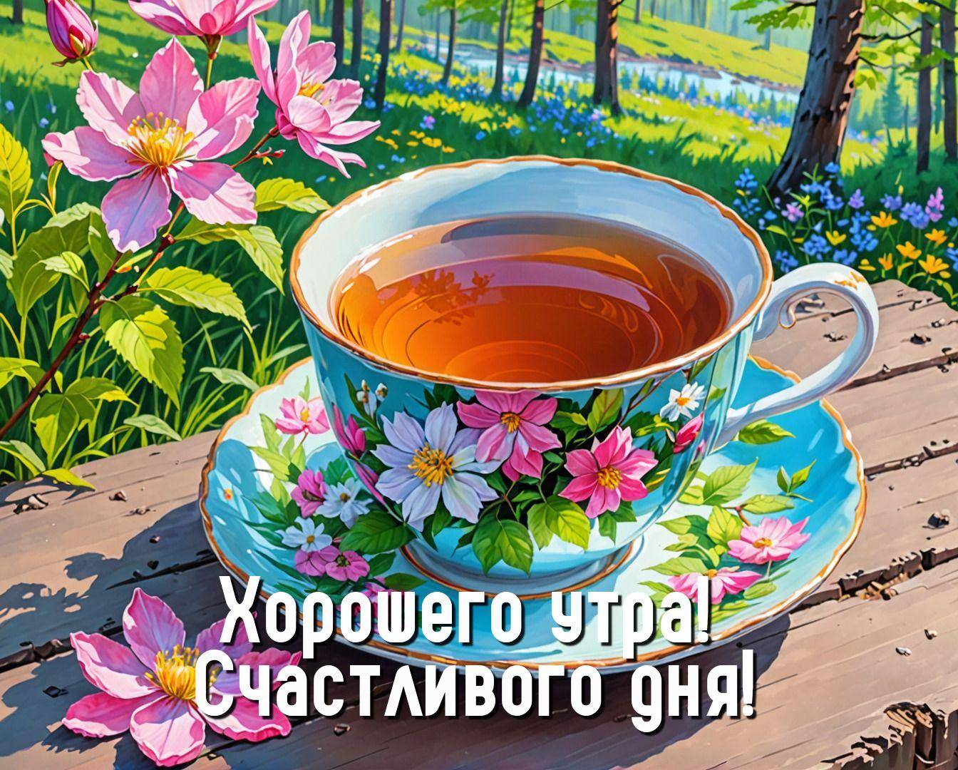 Чашка чая с цветочным узором на деревянном столе на природе