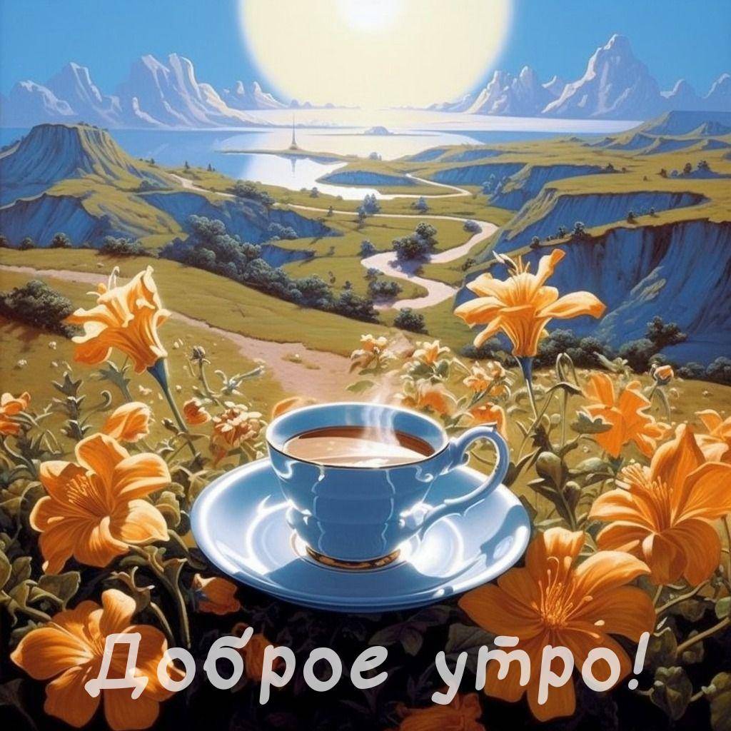Чашка чая среди цветов, пейзаж с рекой и горами