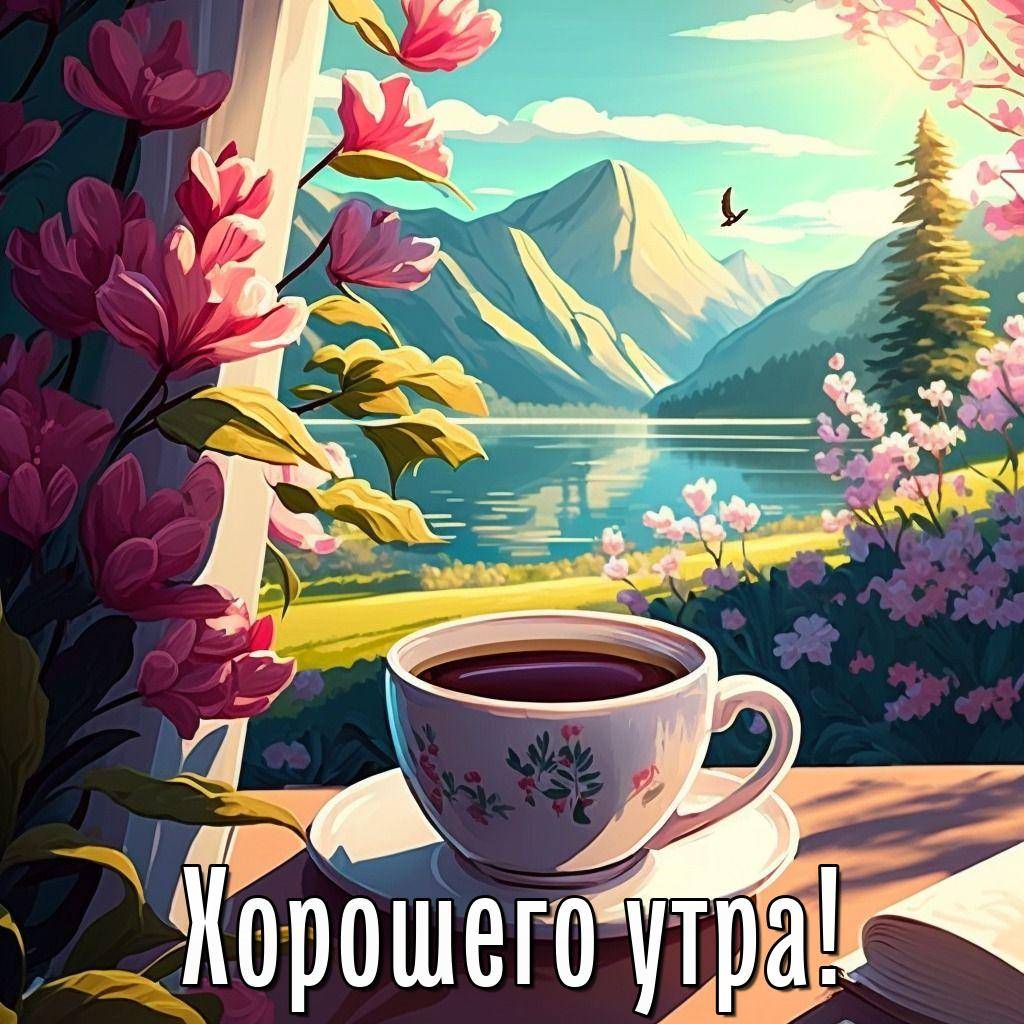 Чашка чая среди цветущих растений на фоне гор и озера