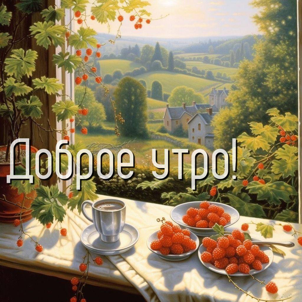 Чашка кофе и малина на подоконнике