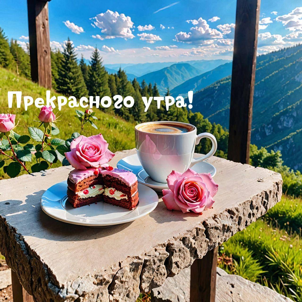 Чашка кофе и торт на фоне гор