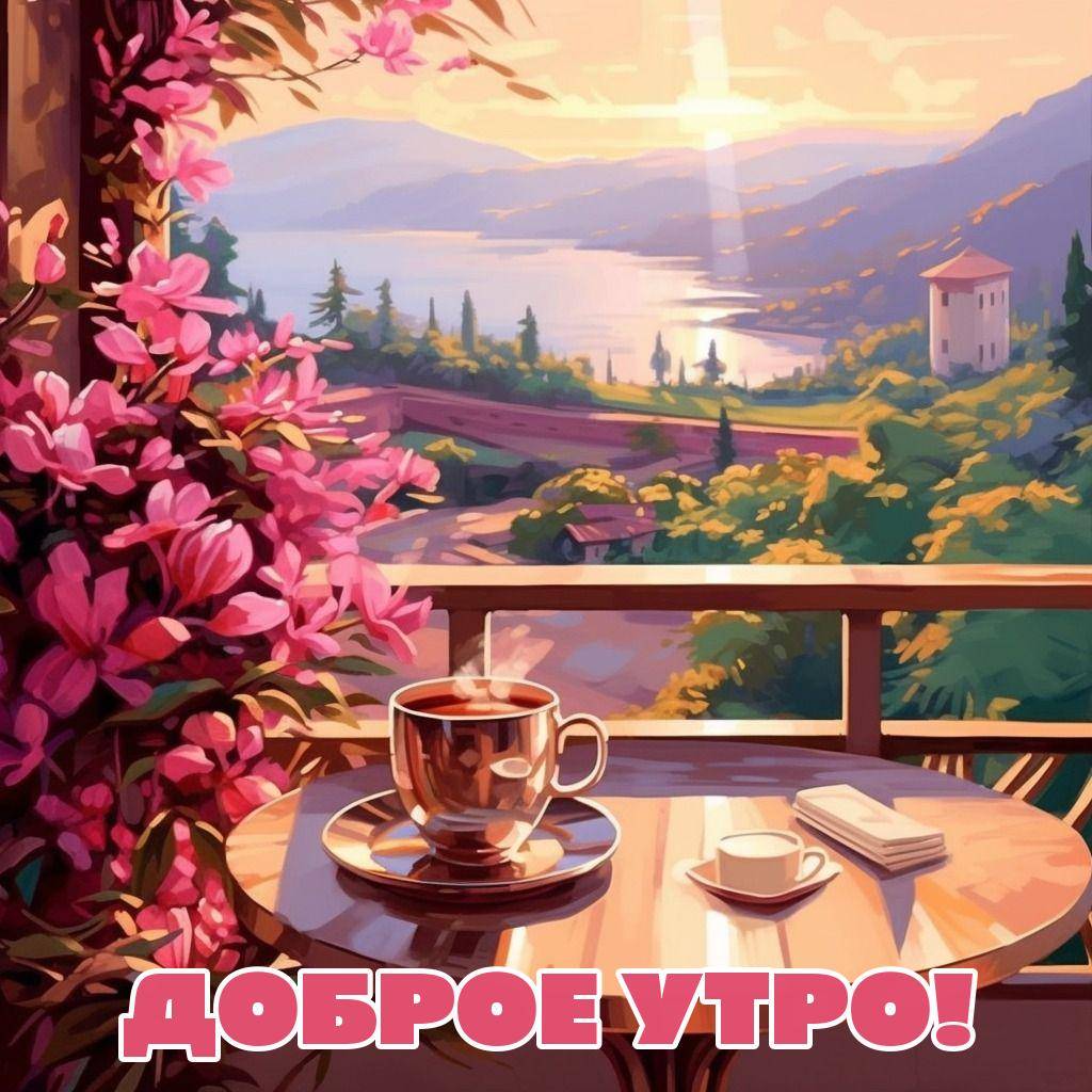 Чашка кофе на балконе с видом на природу