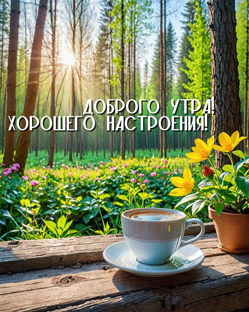 Чашка кофе на деревянном столе в лесу утром