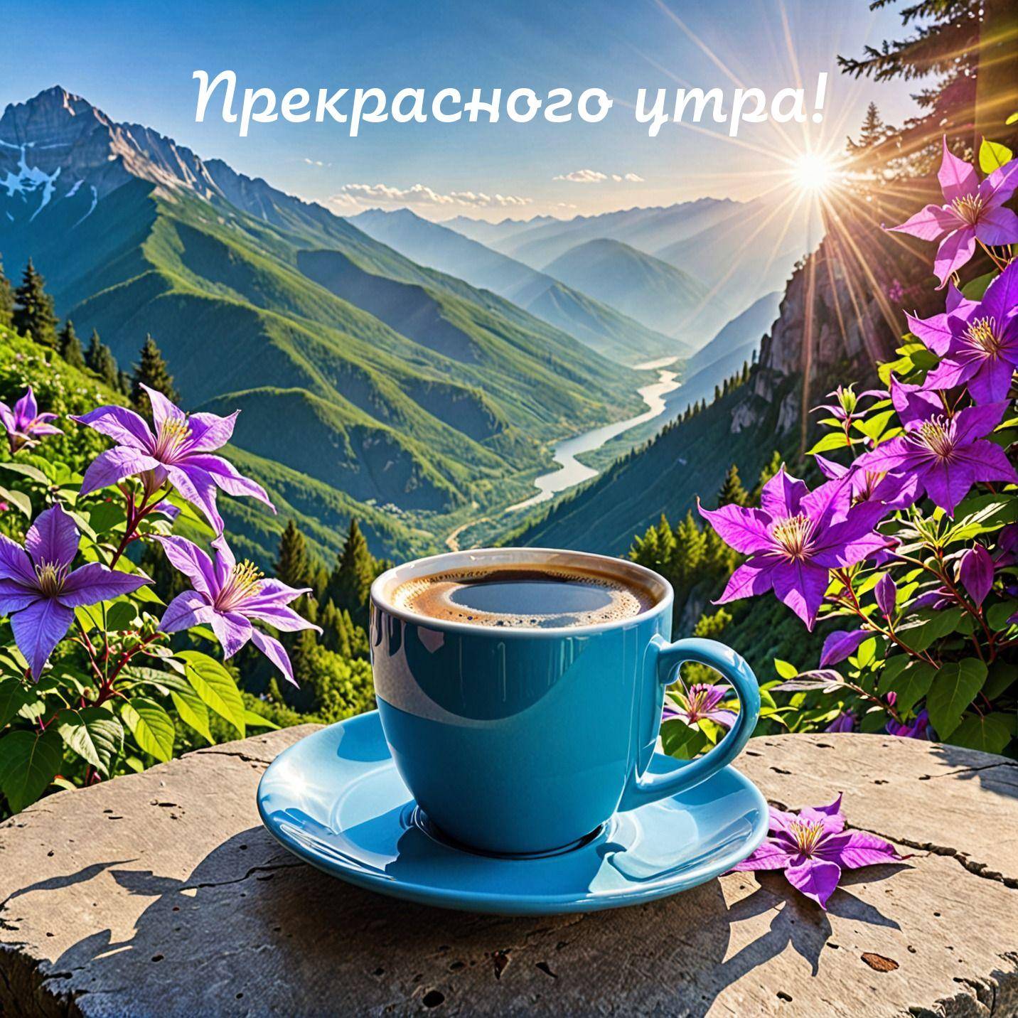 Чашка кофе на фоне гор и реки