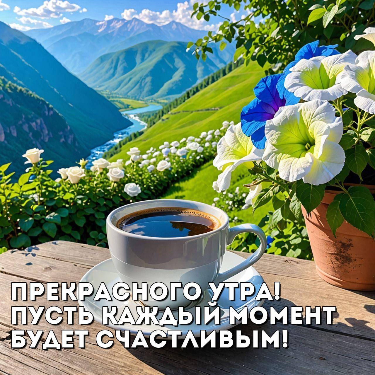 Чашка кофе на фоне гор и цветов