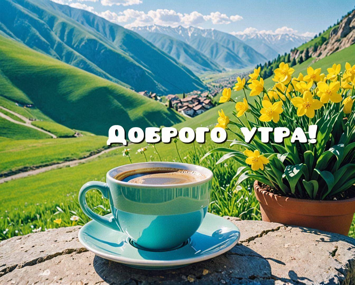 Чашка кофе на фоне гор и цветов