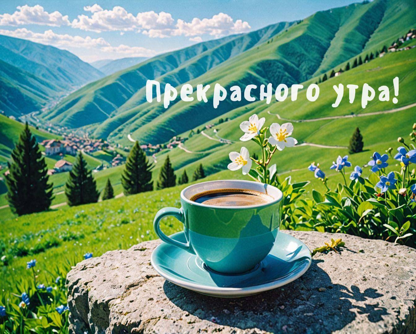 Чашка кофе на фоне зеленых холмов и долины