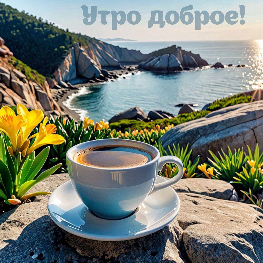 Чашка кофе на камнях с желтыми цветами у моря