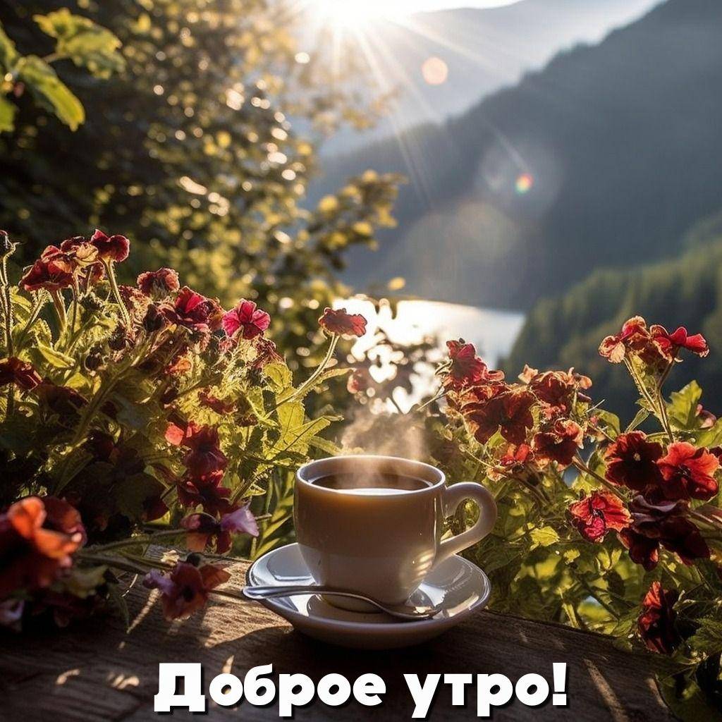 Чашка кофе на подносе среди цветов на фоне гор и леса