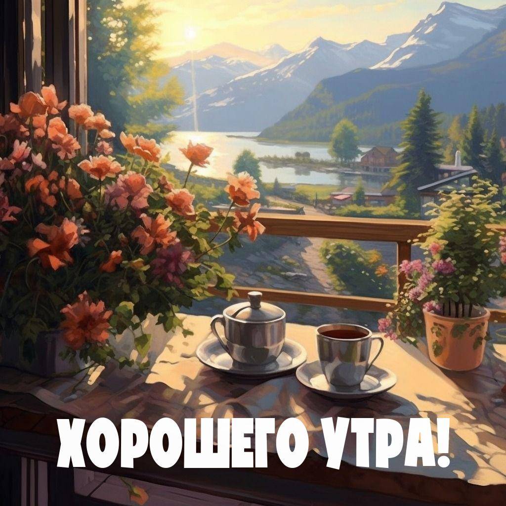 Чашка кофе на подоконнике, горы, озеро, цветы