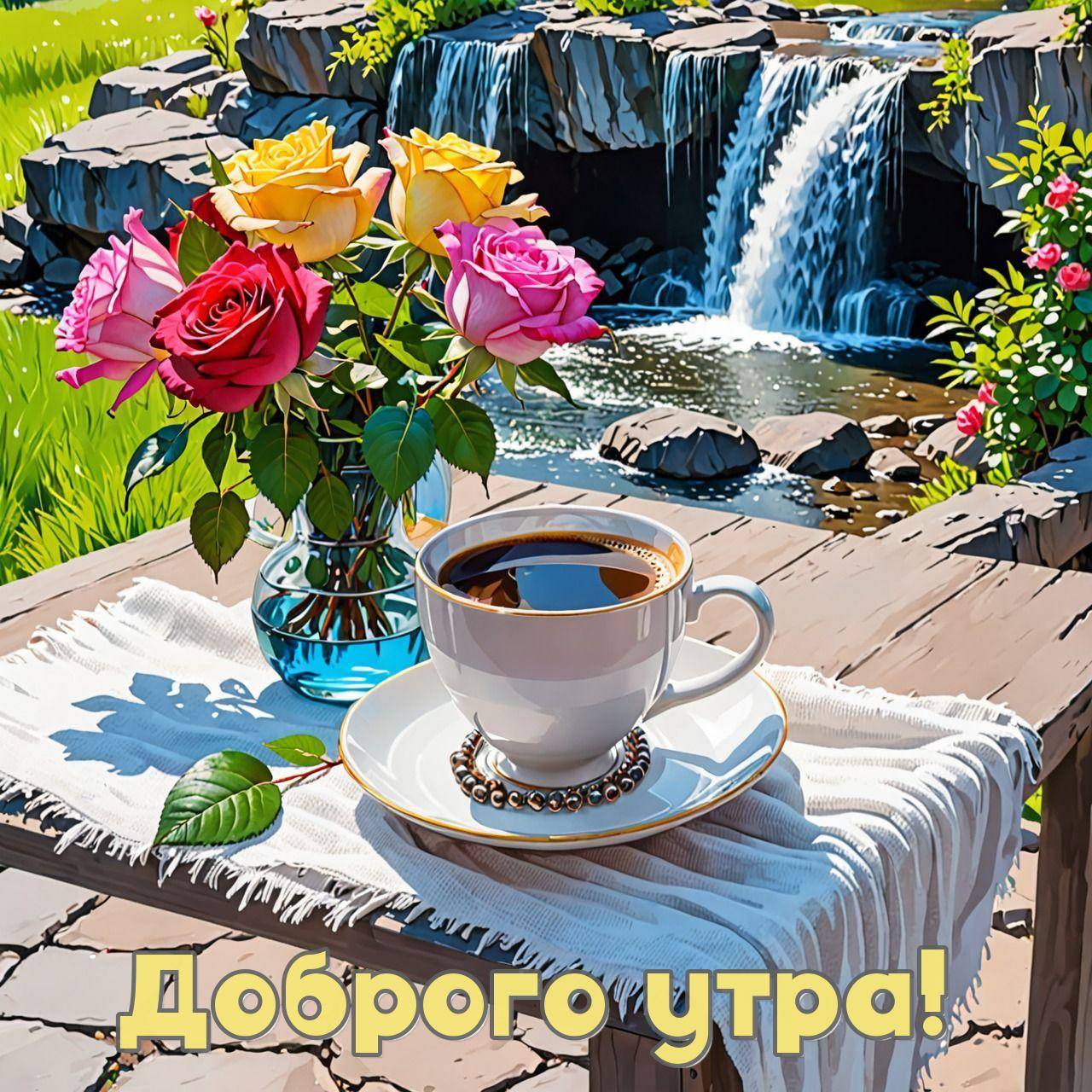 Чашка кофе на столе, розы, водопад на заднем плане