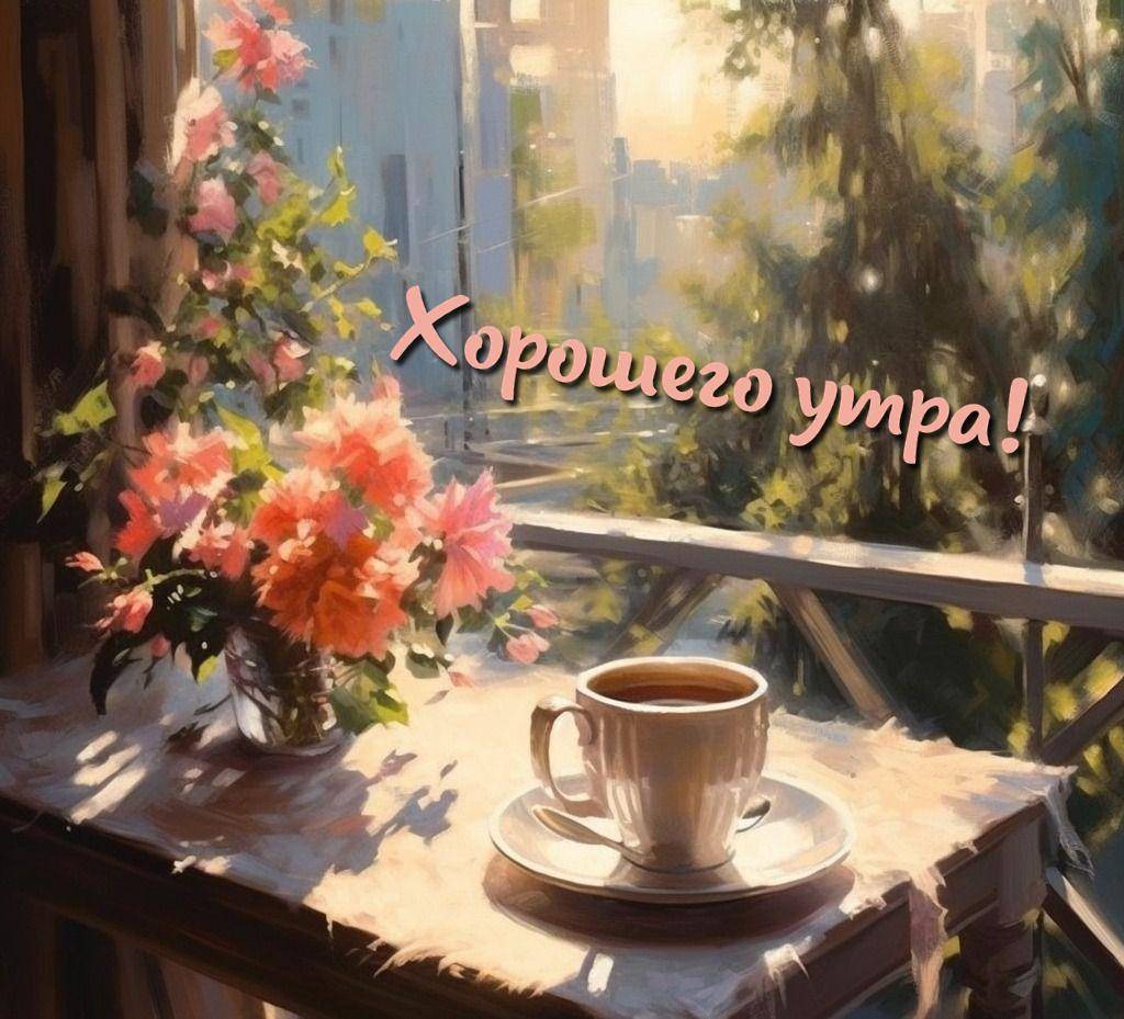 Чашка кофе на столе рядом с вазой цветов