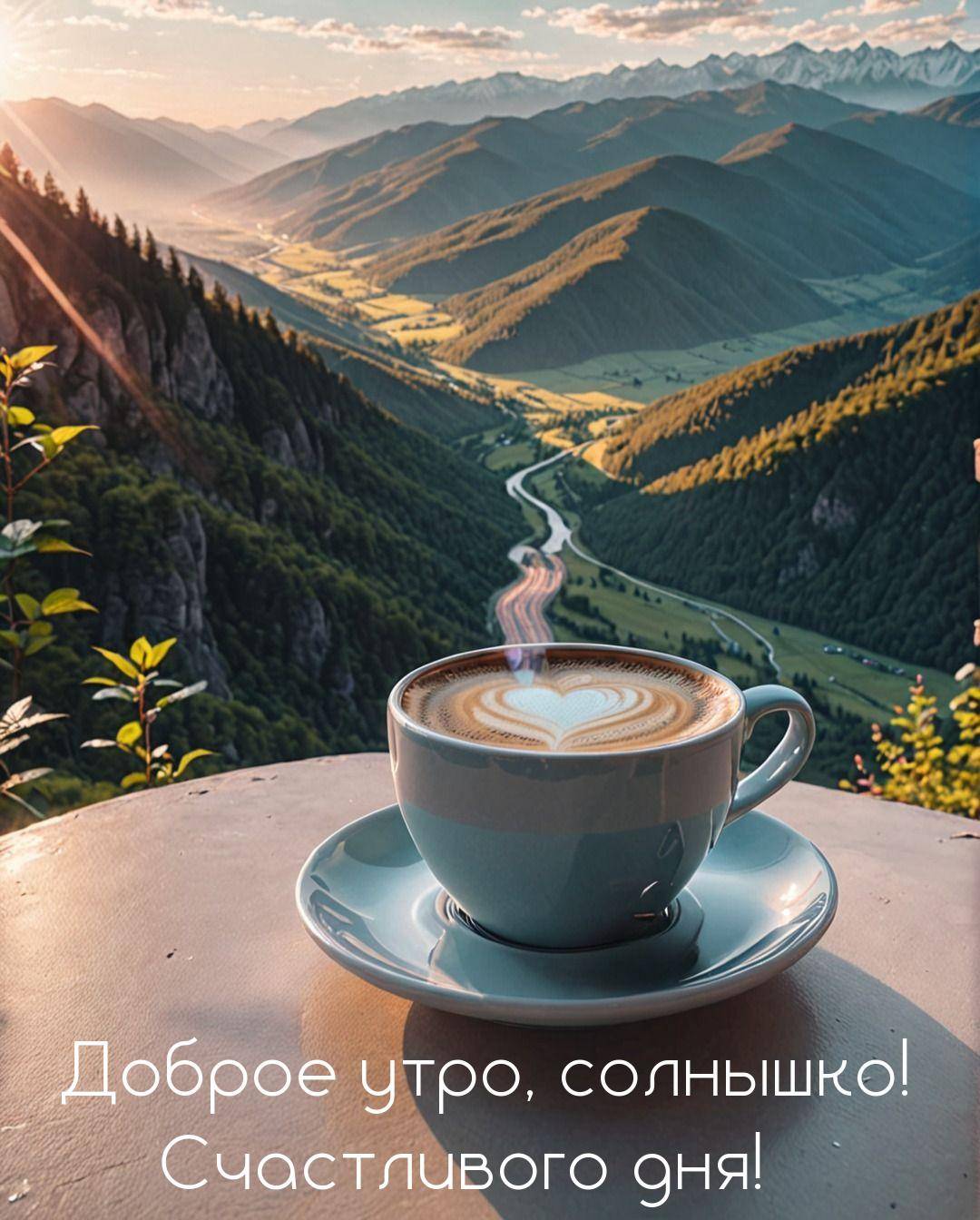 Чашка кофе с латте-артом на фоне горного пейзажа