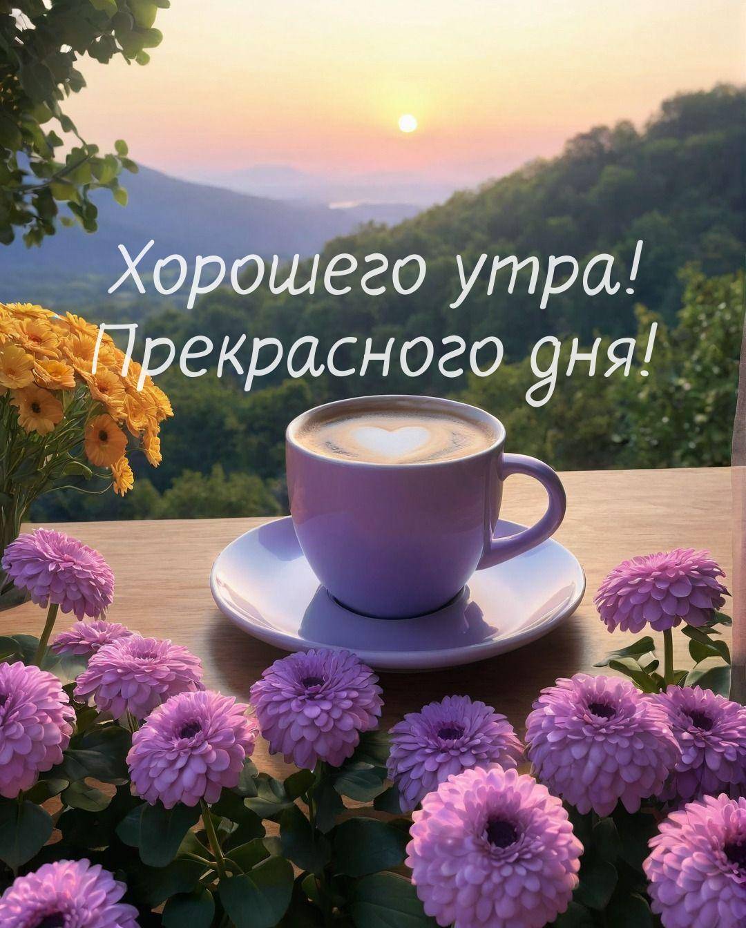 Чашка кофе с сердцем на пенке среди цветов