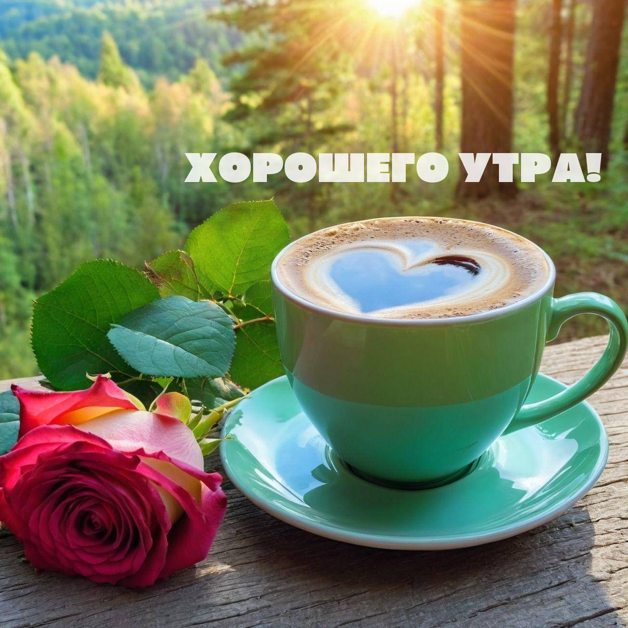 Чашка кофе с сердцем, роза, лес и солнечные лучи