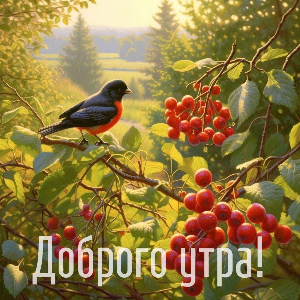 Черная птица на ветке с ягодами