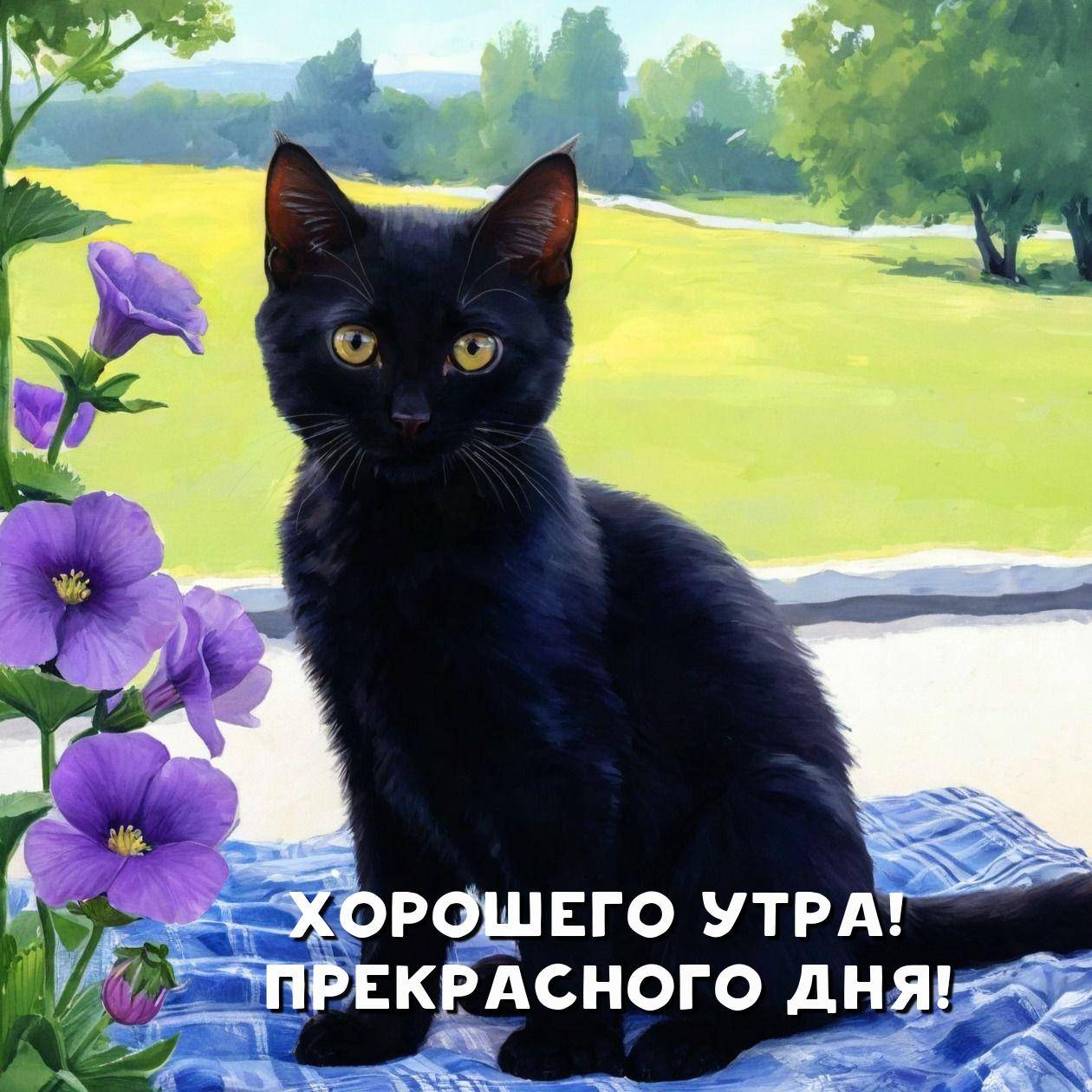 Черный кот с желтыми глазами на фоне пейзажа