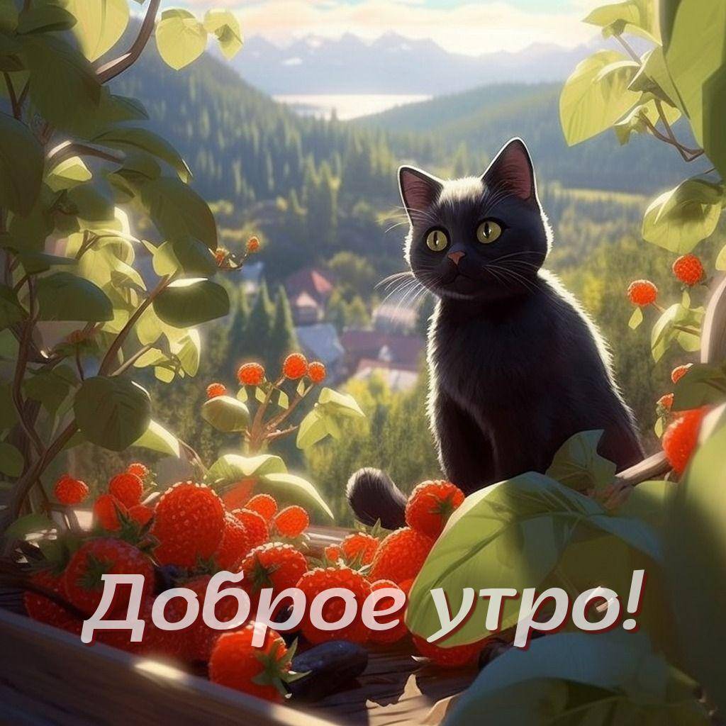 Черный кот среди зеленых листьев и ярко-оранжевых ягод