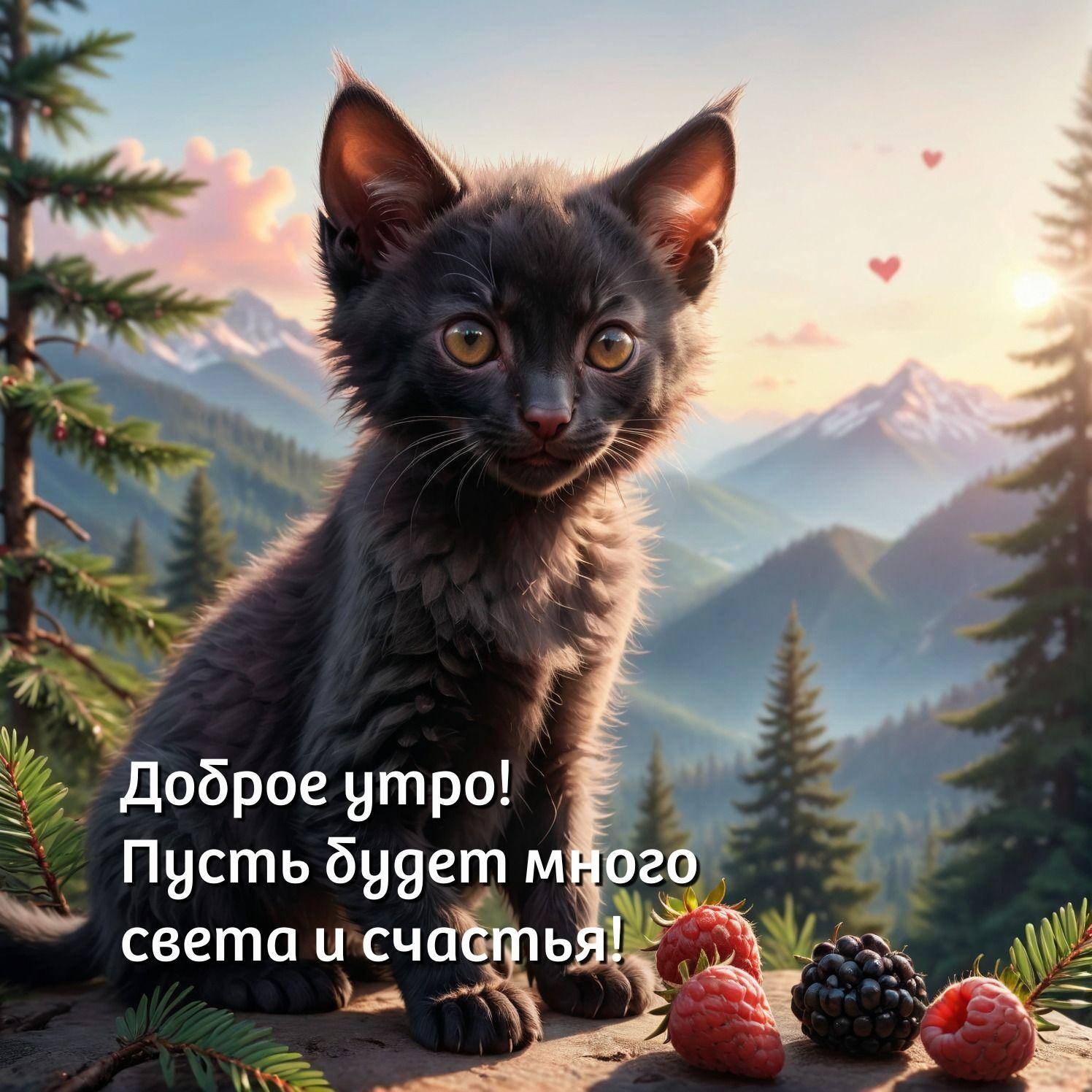 Черный котенок среди еловых веток и ягод