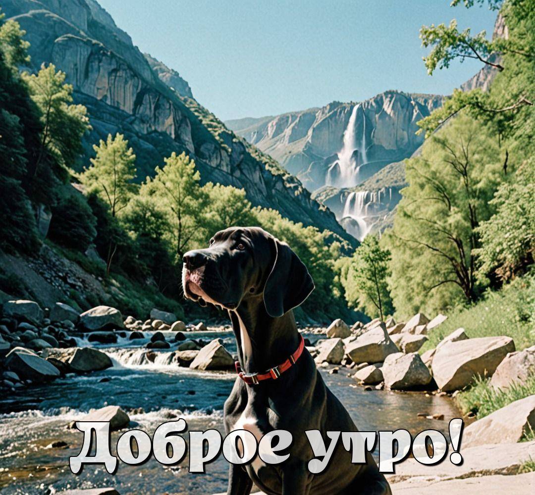 Черный пес с красным ошейником на фоне реки и водопада