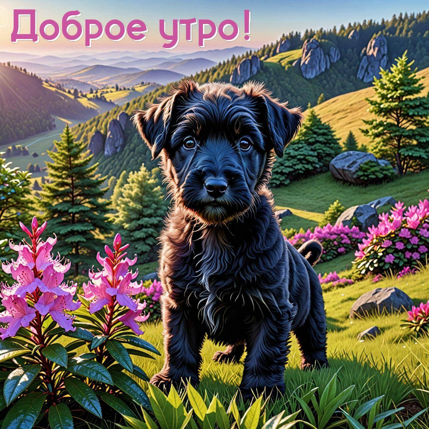 Черный щенок среди цветов на фоне гор