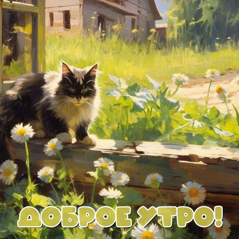 Черно-белая кошка на деревянном заборе среди цветов