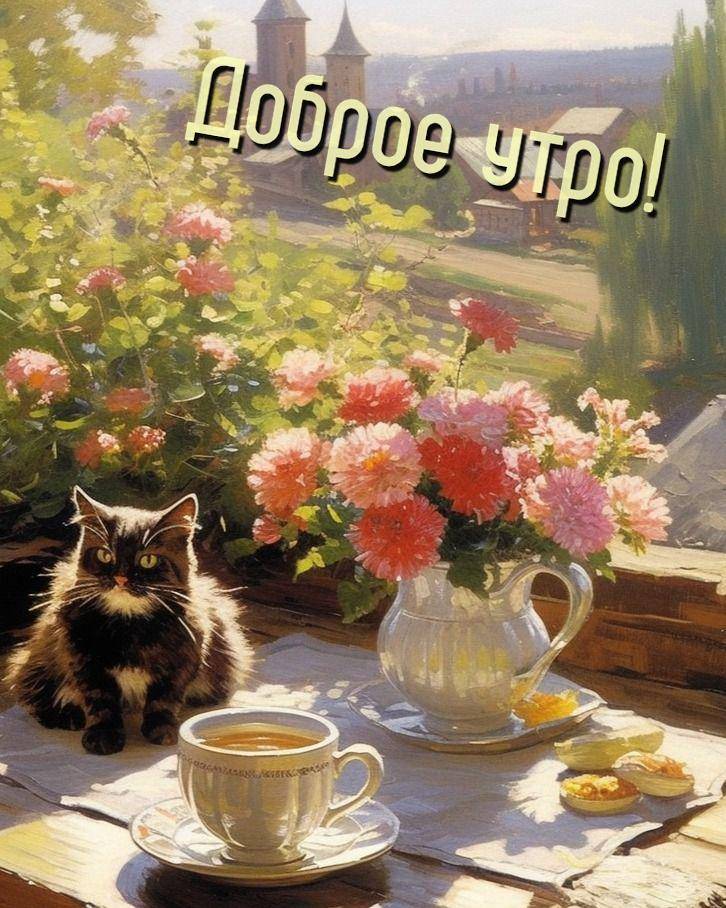 Черно-белая кошка на подоконнике с цветами и чашкой кофе