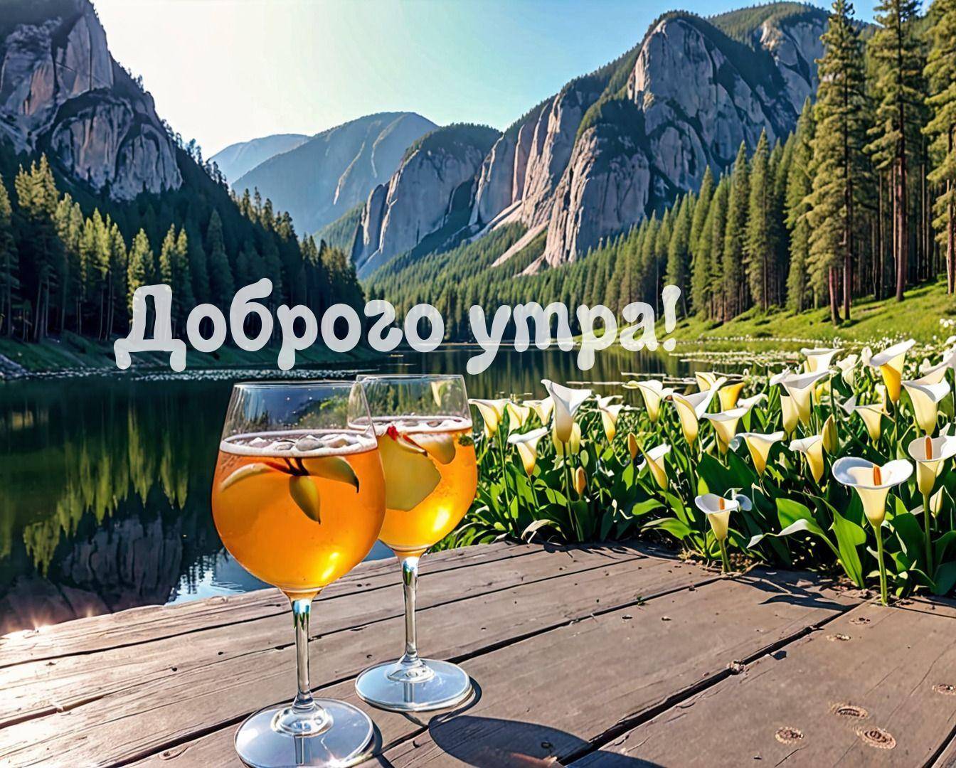 Два бокала с напитком на фоне горного озера и леса